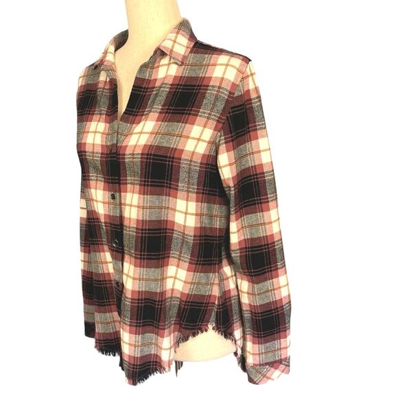 Anthropologie Cloth & Stone Plaid Button Down Flannel Shirt Raw Fringe Hem Small - Picture 7 of 9